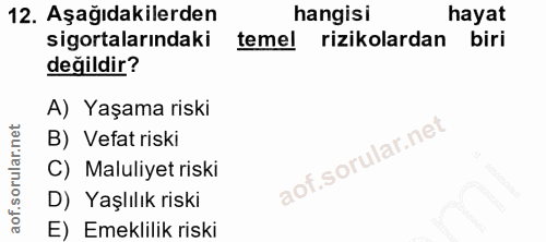 12. soru: Aşağıdakilerden hangisi hayat sigortalarındaki temel rizikolardan biri değildir? A) Yaşama riski B) Vefat riski C) Ma…