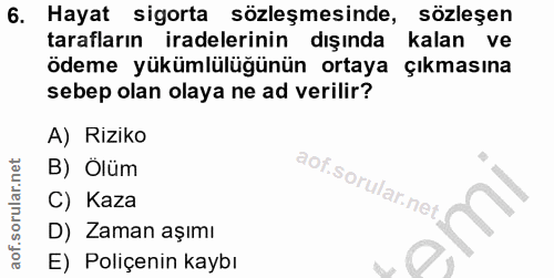 6. soru: Hayat sigorta sözleşmesinde, sözleşen tarafların iradelerinin dışında kalan ve ödeme yükümlülüğünün ortaya çıkmasına…