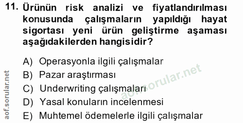 11. soru: Urünün risk analizi ve fiyatlandırılması konusunda çalışmaların yapıldığı hayat sigortası yeni ürün geliştirme aşamas…