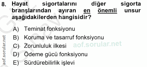 8. soru: Hayat sigortalarını diğer sigorta branşlarından ayıran en önemli unsur aşağıdakilerden hangisidir? A) Teminat fonksiy…