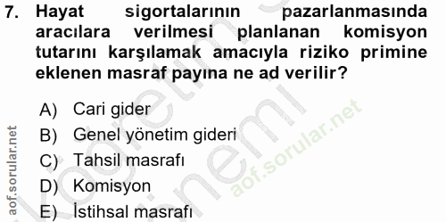 7. soru: Hayat sigortalarının pazarlanmasında aracılara verilmesi planlanan komisyon tutarını karşılamak amacıyla riziko primi…