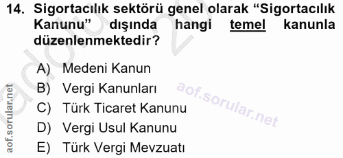 14. soru: Sigortacılık sektörü genel olarak "Sigortacılık Kanunu" dışında hangi temel kanunla düzenlenmektedir? A) Medeni Kanun…