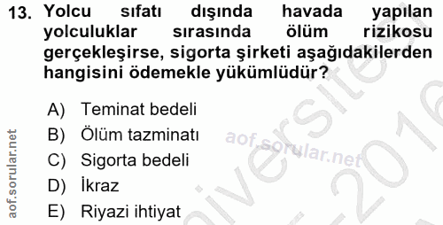13. soru: Yolcu sifatı dışında havada yapılan yolculuklar sirasında ölüm rizikosu gerçekleşirse, sigorta şirketi aşağıdakilerde…