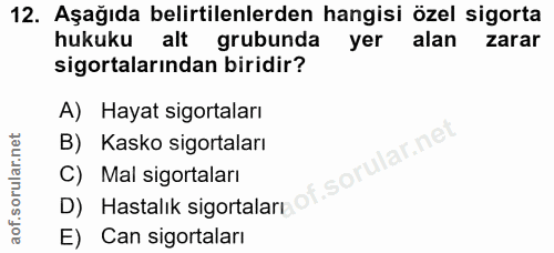 12. soru: Aşağıda belirtilenlerden hangisi özel sigorta hukuku alt grubunda yer alan zarar sigortalarından biridir? A) Hayat si…