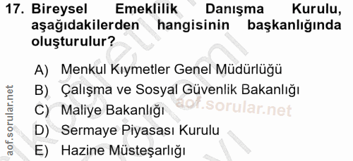 17. soru: Bireysel Emeklilik Danışma Kurulu, aşağıdakilerden hangisinin başkanlığında oluşturulur? A) Menkul Kıymetler Genel Mü…