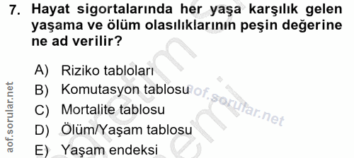 7. soru: Hayat sigortalarında her yaşa karşılık gelen yaşama ve ölüm olasılıklarının peşin değerine ne ad verilir? A) Riziko t…