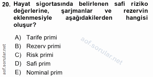 20. soru: Hayat sigortasında belirlenen safi riziko degerlerine, şarmanlar ve rezervin eklenmesiyle aşağıdakilerden hangisi olu…