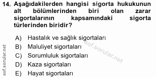 14. soru: Aşağıdakilerden hangisi sigorta hukukunun alt bölümlerinden biri olan zarar sigortalarının kapsamındaki sigorta türle…
