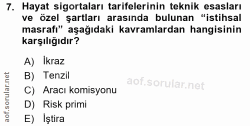 7. soru: Hayat sigortaları tarifelerinin teknik esasları ve özel şartları arasında bulunan "istihsal masrafı" aşağıdaki kavram…