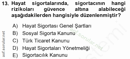 13. soru: Hayat sigortalarında, sigortacının hangi rizikoları güvence altına alabileceği aşağıdakilerden hangisiyle düzenlenmiş…