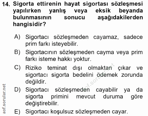 14. soru: Sigorta ettirenin hayat sigortası sözleşmesi yapılırken yanlış veya eksik beyanda bulunmasının sonucu aşağıdakilerden…