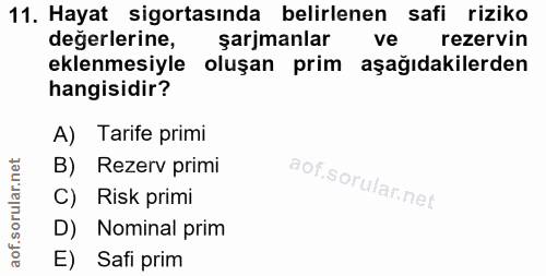 11. soru: Hayat sigortasında belirlenen safi riziko değerlerine, şarjmanlar ve rezervin eklenmesiyle oluşan prim aşağıdakilerde…