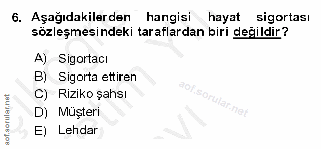 6. soru: Aşağıdakilerden hangisi hayat sigortası sözleşmesindeki taraflardan biri değildir? A) Sigortacı B) Sigorta ettiren C)…