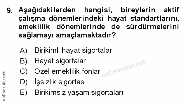 9. soru: Aşağıdakilerden hangisi, bireylerin aktif çalışma dönemlerindeki hayat standartlarını, emeklilik dönemlerinde de sürd…