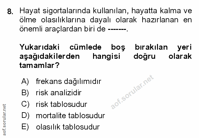 8. soru: Hayat sigortalarında kullanılan, hayatta kalma ve ölme olasılıklarına dayalı olarak hazırlanan en önemli araçlardan b…