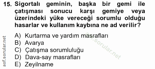 15. soru: Sigortalı geminin, başka bir gemi ile çatışması sonucu karşı gemiye veya üzerindeki yüke vereceği sorumlu olduğu hasa…