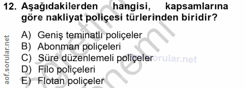 12. soru: Aşağıdakilerden hangisi, kapsamlarına göre nakliyat poliçesi türlerinden biridir? A) Geniş teminatli poliçeler B) Abo…