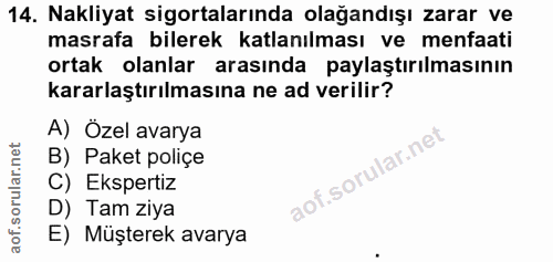 14. soru: Nakliyat sigortalarında olağandışı zarar ve masrafa bilerek katlanılması ve menfaati ortak olanlar arasında paylaştır…