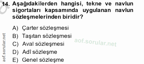14. soru: Aşağıdakilerden hangisi, tekne ve navlun sigortaları kapsamında uygulanan navlun sözleşmelerinden biridir? A) Çarter…