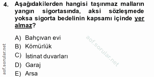 4. soru: Aşağıdakilerden hangisi taşınmaz malların yangın sigortasında, aksi sözleşmede yoksa sigorta bedelinin kapsamı içinde…