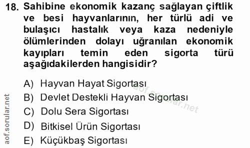 18. soru: Sahibine ekonomik kazanç sağlayan çiftlik ve besi hayvanlarının, her türlü adi ve bulaşıcı hastalık veya kaza nedeniy…