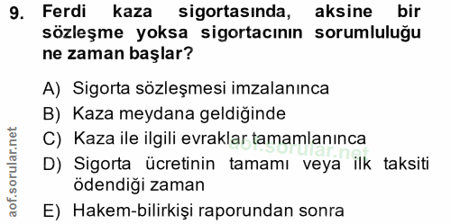 9. soru: Ferdi kaza sigortasında, aksine bir sözleşme yoksa sigortacının sorumluluğu ne zaman başlar? A) Sigorta sözleşmesi im…
