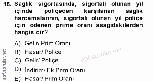 15. soru: Sağlık sigortasında, sigortalı olunan yıl içinde poliçeden karşılanan sağlık harcamalarının, sigortalı olunan yıl pol…