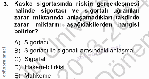 3. soru: Kasko sigortasında riskin gerçekleşmesi halinde sigortacı ve sigortalı uğranılan zarar miktarında anlaşamadıkları tak…