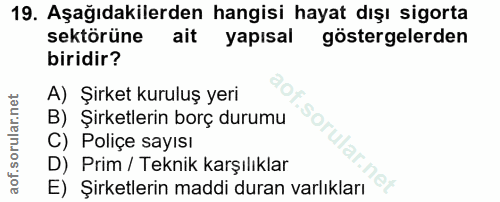 19. soru: Aşağıdakilerden hangisi hayat dışı sigorta sektörüne ait yapısal göstergelerden biridir? A) Şirket kuruluş yeri B) Şi…