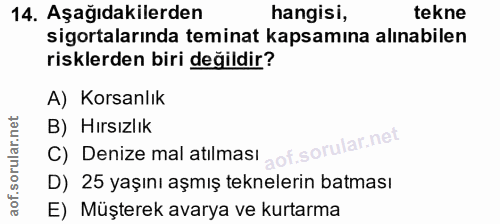14. soru: Aşağıdakilerden hangisi, tekne sigortalarında teminat kapsamına alınabilen risklerden biri değildir? A) Korsanlık B)…