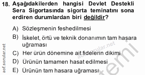 18. soru: Aşağıdakilerden hangisi Devlet Destekli Sera Sigortasında sigorta teminatinı sona erdiren durumlardan biri değildir?…