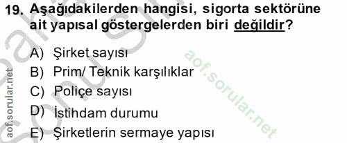 19. soru: Aşağıdakilerden hangisi, sigorta sektörüne ait yapısal göstergelerden biri değildir? A) Şırket sayısı B) Prim/ Teknik…
