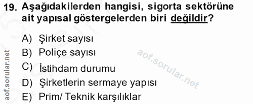 19. soru: Aşağıdakilerden hangisi, sigorta sektörüne ait yapısal göstergelerden biri değildir? A) Şırket sayısı B) Poliçe sayıs…