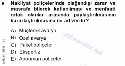 6. soru: Nakliyat poliçelerinde olağandışı zarar ve masrafa bilerek atlanılması ve menfaati ortak olanlar arasında paylaştırıl…