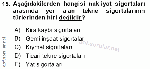 15. soru: Aşağıdakilerden hangisi nakliyat sigortaları arasında yer alan tekne sigortalarının türlerinden biri değildir? A) Kir…
