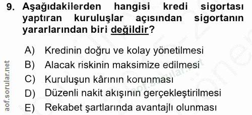 9. soru: Aşağıdakilerden hangisi kredi sigortası yaptıran kuruluşlar açısından sigortanın yararlarından biri değildir? A) Kred…