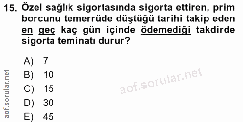 15. soru: Özel sağlık sigortasında sigorta ettiren, prim borcunu temerrüde düştüğü tarihi takip eden en geç kaç gün içinde ödem…