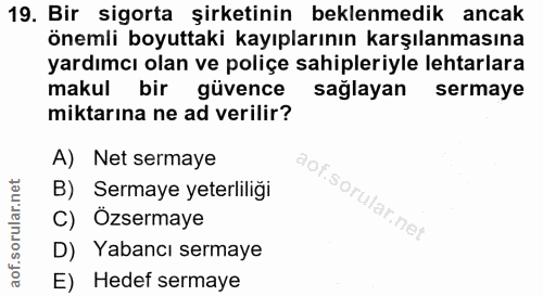 19. soru: Bir sigorta şirketinin beklenmedik ancak önemli boyuttaki kayıplarının karşılanmasına yardımcı olan ve poliçe sahiple…