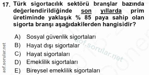 17. soru: Türk sigortacılık sektörü branşlar bazında değerlendirildiğinde son yıllarda prim üretiminde yaklaşık % 85 paya sahip…