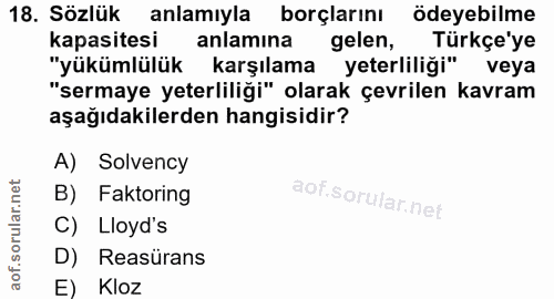 18. soru: Sözlük anlamıyla borçlarını ödeyebilme kapasitesi anlamına gelen, Türkçe'ye "yükümlülük karşılama yeterliliği" veya "…