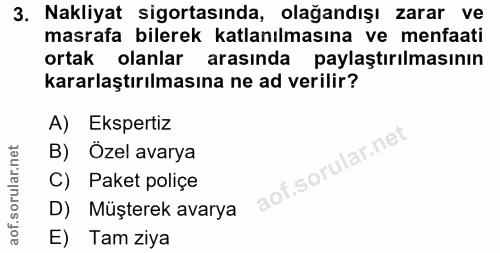 3. soru: Nakliyat sigortasında, olağandışı zarar ve masrafa bilerek atlanılmasına ve menfaati ortak olanlar arasında paylaştır…