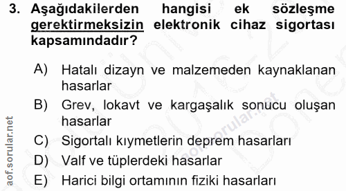 3. soru: Aşağıdakilerden hangisi ek sözleşme gerektirmeksizin elektronik cihaz sigortası kapsamındadır? A) Hatalı dizayn ve ma…