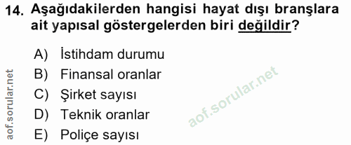 14. soru: Aşağıdakilerden hangisi hayat dışı branşlara ait yapısal göstergelerden biri değildir? A) Istihdam durumu B) Finansal…