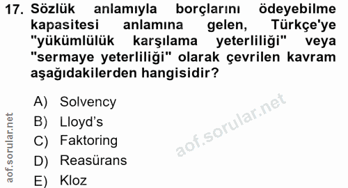17. soru: Sözlük anlamıyla borçlarını ödeyebilme kapasitesi anlamına gelen, Türkçe'ye "yükümlülük karşılama yeterliliği" veya "…
