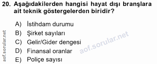 20. soru: Aşağıdakilerden hangisi hayat dışı branşlara ait teknik göstergelerden biridir? A) Istihdam durumu B) Şirket sayıları…