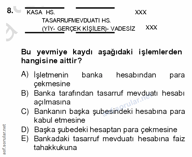 8. soru: KASA HS. XXX TASARRUFMEVDUATI HS. (YIY- GERÇEK KIŞILER)- VADESIZ XXX Bu yevmiye kaydı aşağıdaki işlemlerden hangisine…