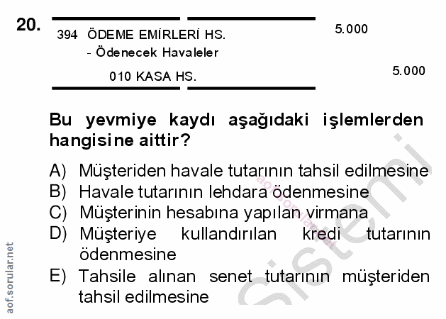 20. soru: 394 ÖDEME EMİRLERİ HS. 5.000 - Ödenecek Havaleler 010 KASA HS. 5.000 Bu yevmiye kaydı aşağıdaki işlemlerden hangisine…