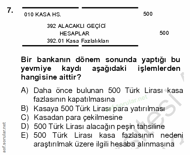 7. soru: 010 KASA HS. 500 392 ALACAKLI GEÇICI HESAPLAR 500 392.01 Kasa Fazlalıkları Bir bankanın dönem sonunda yaptığı bu yevm…