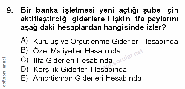 9. soru: Bir banka işletmesi yeni açtığı şube için aktifleştirdiği giderlere ilişkin itfa paylarını aşağıdaki hesaplardan hang…