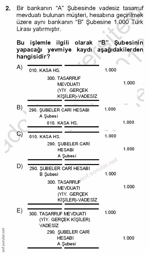 2. soru: Bir bankanın "A" Şubesinde vadesiz tasarruf mevduatı bulunan müşteri, hesabına geçırılmek üzere aynı bankanın "B" Şub…